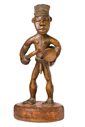 Figure 021002 Ldamie brass caster brass casting Dan 
				Gio people / Liberia; Male figure with drum; private collection